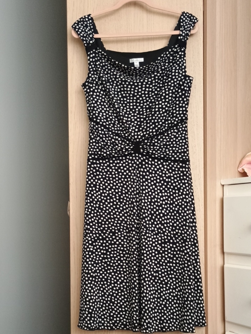Enfocus Studio Black and White Polka Dot Midi Dress with Twist Waist